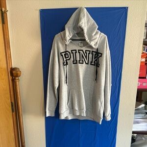 Victory Secret PINK Light Grey Hoodie Black Logo Size Large